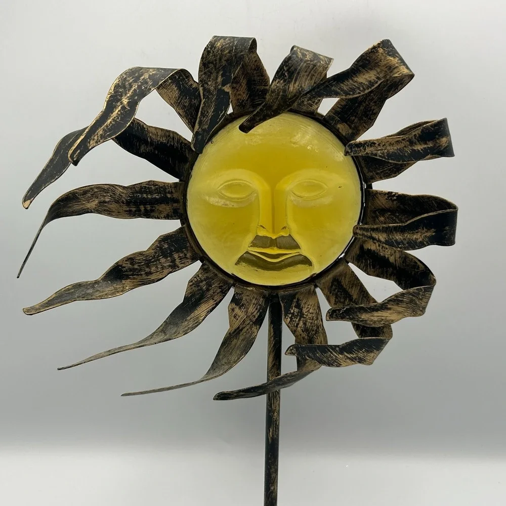 Celestial Sun 90s Y2K Face Metal Bronze Candle Holder Stand Amber Glass Zodiac